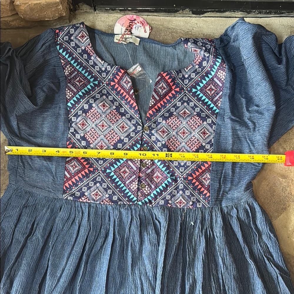 Hayden LA Aztec print denim dress L boho notch v neck boho - Picture 5 of 5